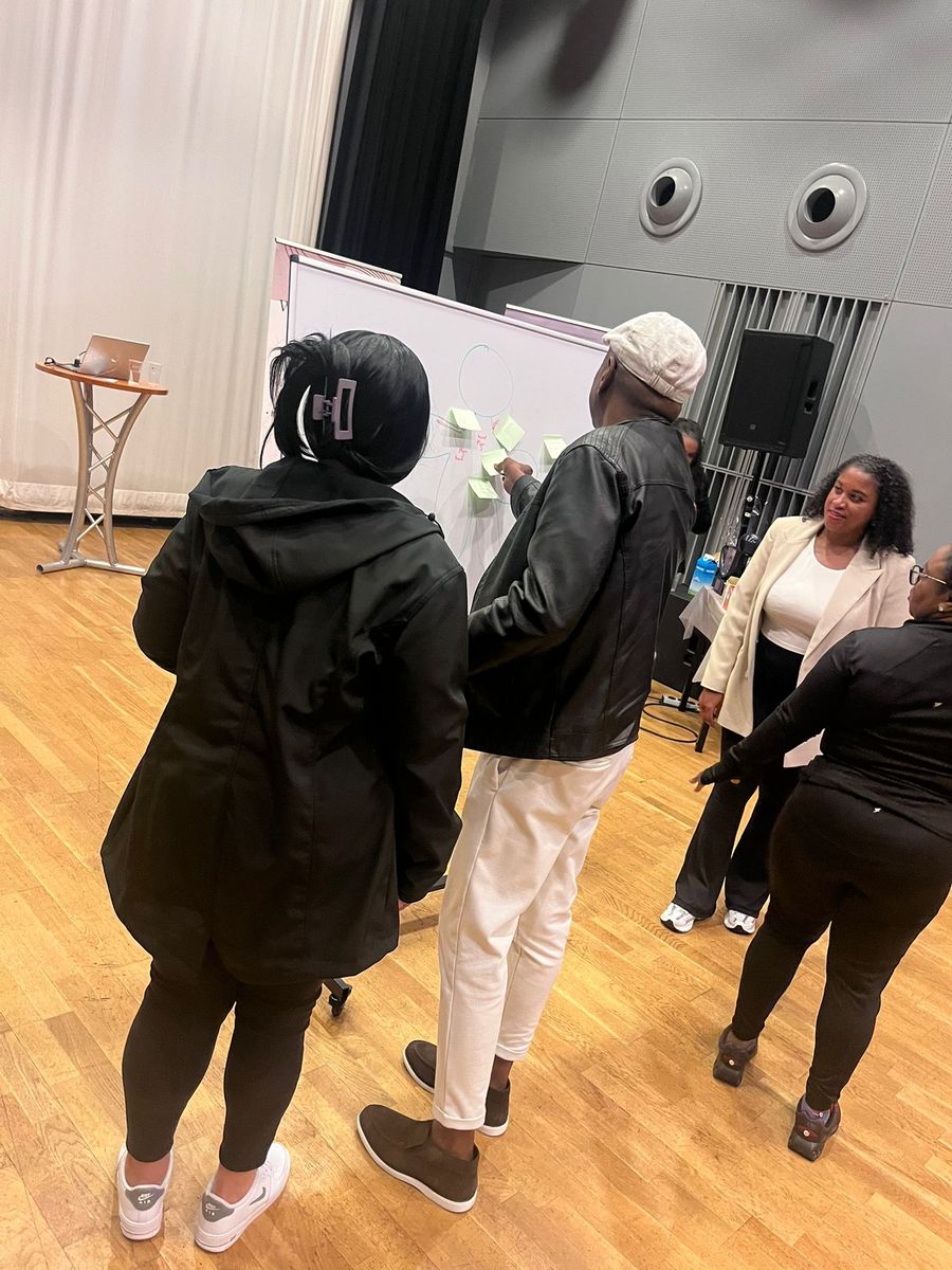 Participants working with sticky notes at a whiteboard
